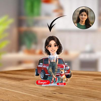 Personalized Girl with Dog  Booblehead Caricature for Girls Battery Powered Moving Head Feature Birthday Gift for Daughter, Sister, Mom & Lady Boss Tabletop Decor